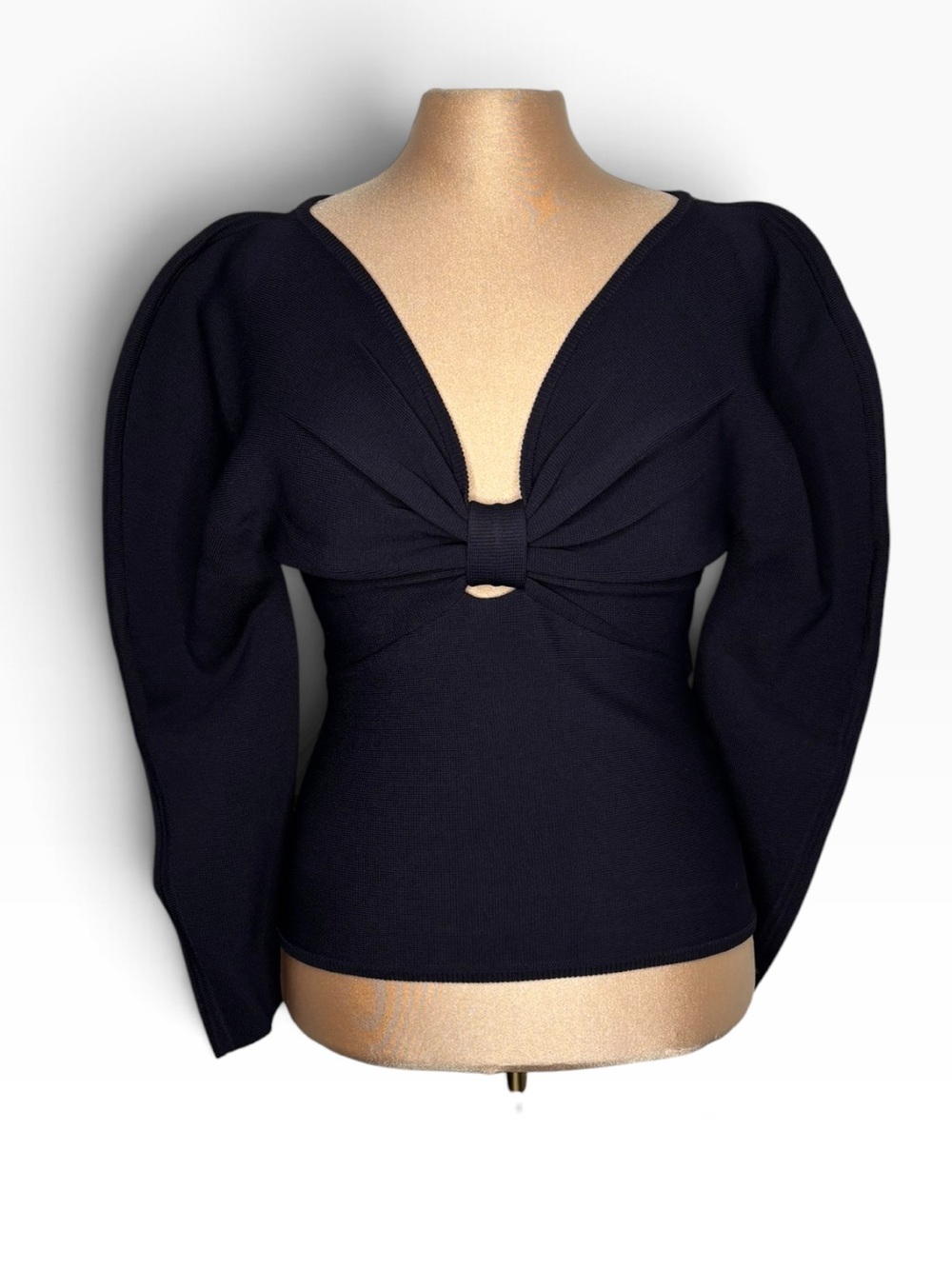 Avec Les Filles Navy‎ Blue Bow Front Puff Shoulder Knit Top XS